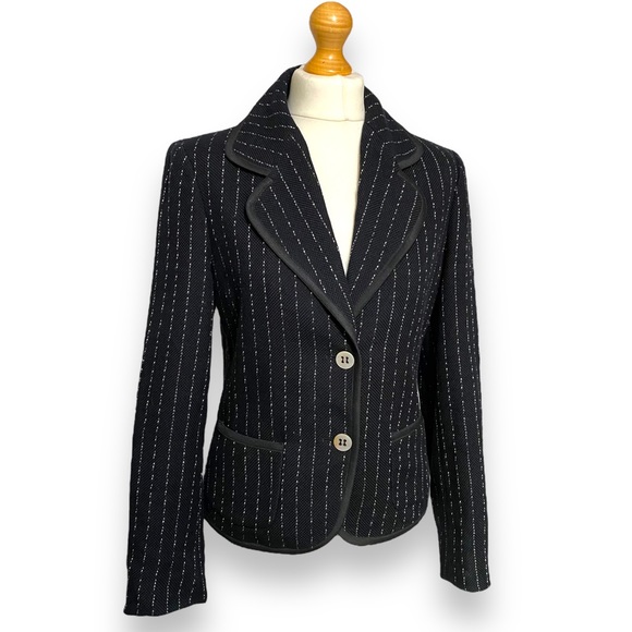 Max Mara Blazer Black Size 12 Jacket Pinstripe Textured Cotton Smart Tailored - Picture 10 of 14